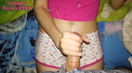 Milasha Ponri and her flawless hand job with a large portion of cum on her tummy and shorts