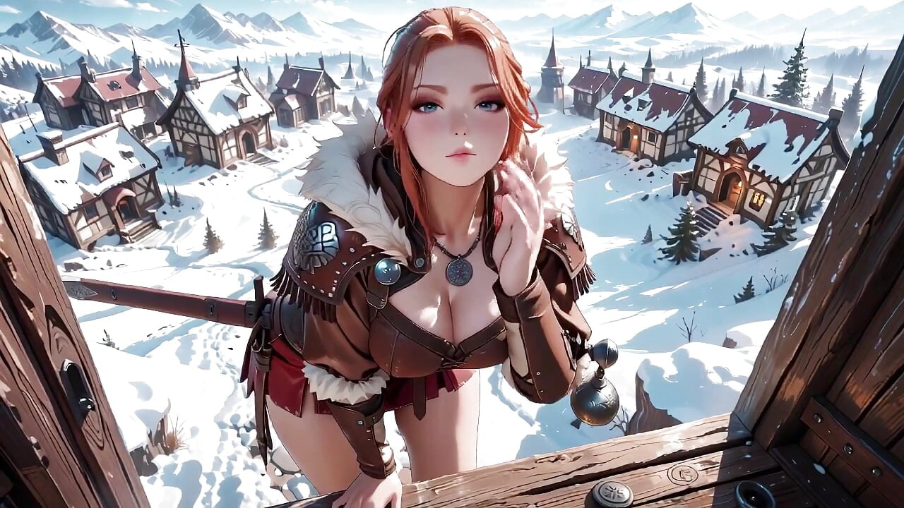 Karda kızıl saçlı savaşçı! Ortaçağ köyünde yasak deri zırh baştan çıkarma. Soğuk kraliçe teçhizatını çıkarıyor ve çıldırıyor!