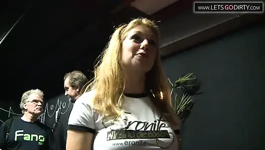 Hot girl gets cumspray allover body after sucking and fucking two huge cocks