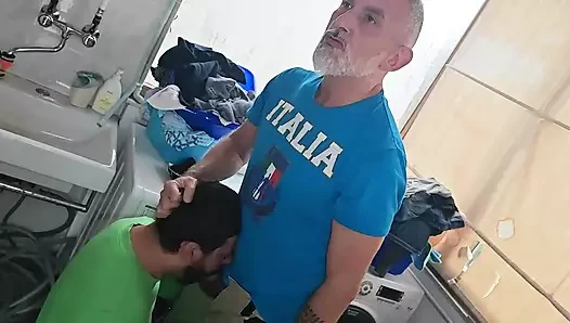 Old Mature Hung Big Cock Repairman Is Fixing the Washmachine for a Horny Couple
