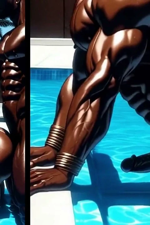Lüks bir otelin havuzunun kenarında iki zenci adamla eşcinsel anal seks. Yaoi Hentai Animasyon