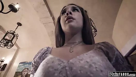 Busty babysitter licks milf’s pussy while getting fucked by husband