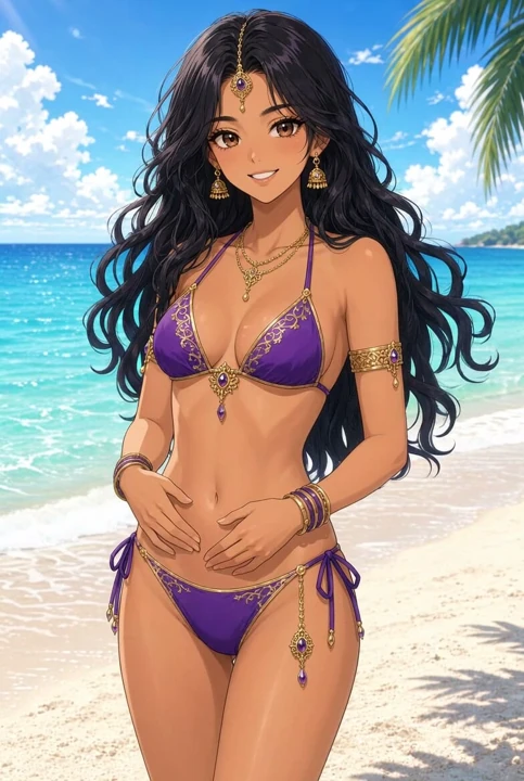 Lilavati Anime Plaj Bikini Nazik Karın Dokunuşu ve Gülümseme Ateşli Hint Kızı