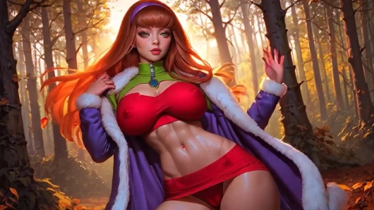 Scooby-doo'dan mükemmel vücutlu kızıl saçlı Daphne Blake kırmızı seksi külot ve amcıkla dans ediyor ve azdırıyor