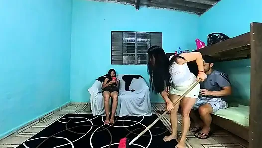 My wife's friend teases me with her short skirt, making me hard near my wife