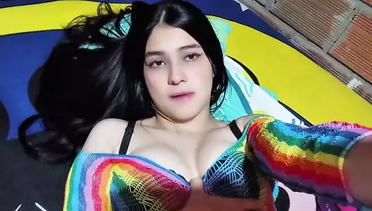 Horny Colombian teen touches her rich tits and pussy