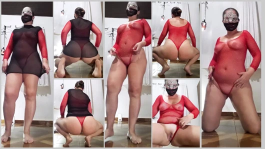 Striptiz, siyah şeffaf elbise ve kırmızı tulum