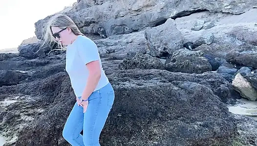 Peeing in Tight Jeans on the Beach