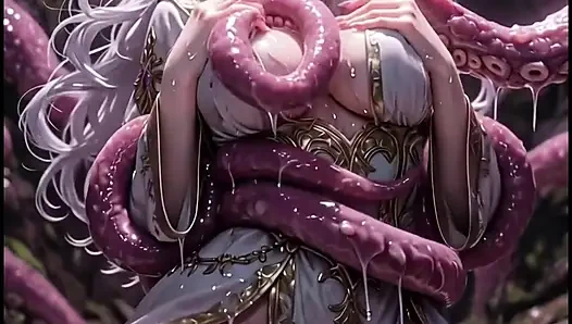White-haired elven priestess with worm monster, anime hentai