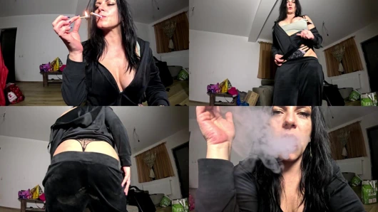 Velvet Tracksuit Tease - Smoking, Big Tits & Black Thong Flash