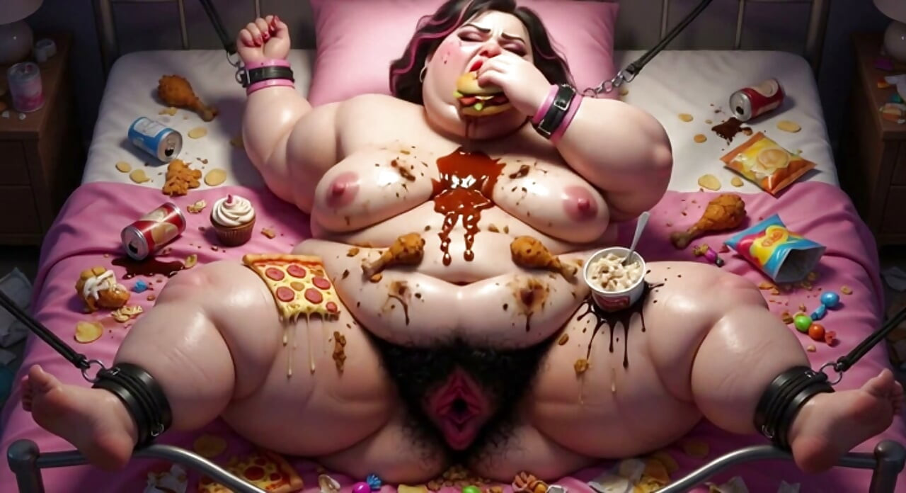 Yemekle çevrili esaret altında obez iri güzel kadın - içindeki büyük yarak için yalvarıyor