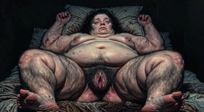 SSBBW very fat woman having an orgasm with her hairy, wet pussy.