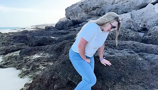 Peeing in Tight Jeans on the Beach