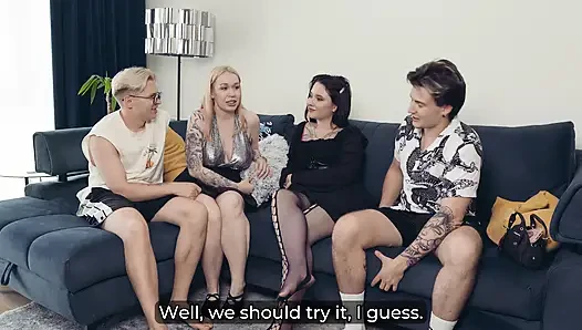 Forbidden First Swing: Blonde Massive Tits & Brunette Huge Ass Swap Partners on Couch in Filthy FFMM