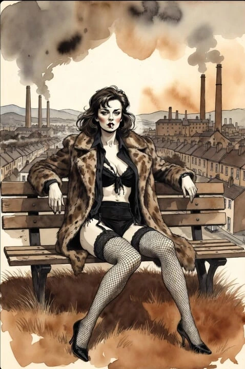 Harrison Marks sunar: titrek kürk manto ve file çorapla seksi sigara içiyor