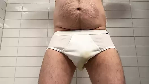 Dad Pissing His New White Briefs