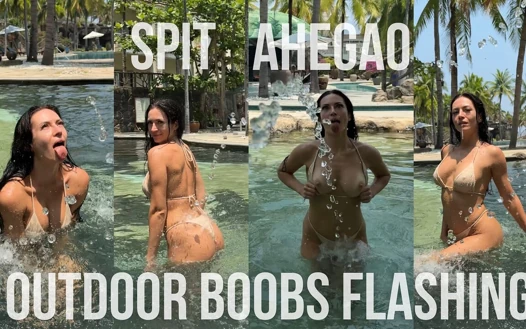 Göğüsler açık havada teşhir ediyor, ahegao, tükürme, ıslanıyor