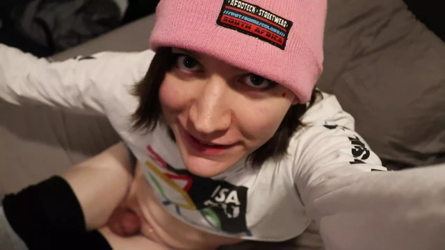 Cute Skater Femboy Jerks off and eats her own cum