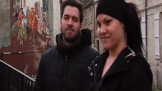 Nasty French girl gets fucked hard in a public threesome