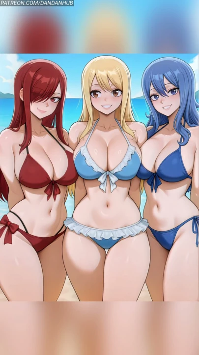 Lucy Erza ve Juvia Plaj Bikini Sıçrama - Fairy Tail