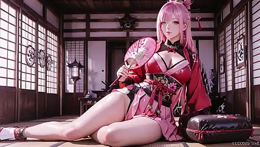 Kızıl samuray! Pembe saçlı savaşçı tatami'nin üzerinde diz çöküyor, yüksek yarıklı kimono karlı kalçalarını ortaya çıkarmak için kayıyor.