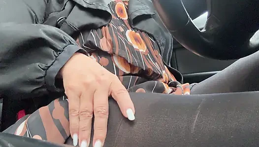 Elegant stepmom drives to the office wearing tights and a beautiful dress
