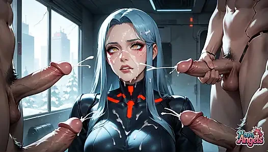 Mavi saçlı fışkırtma kraliçesinin cityscape üçlü boşalması