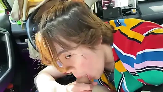 Asian Twink Sucks Big White Cock & Swallows Load in the Car