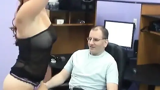 Stripper dances in tech office and gives nerdy tech guy blow job on his chair