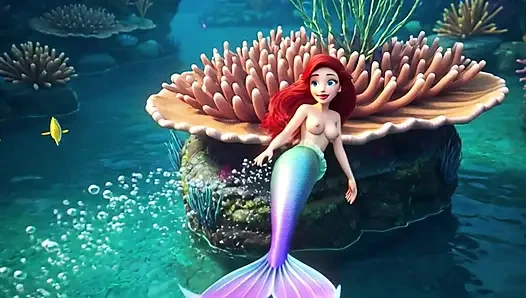 Şehvetli olgun Ariel uzun insan bacakları ve fantezideki zarif pozlarla büyülü sualtı mağarasını keşfediyor