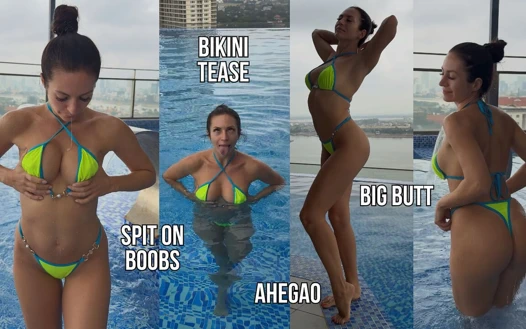 Bikini, göğüslere tükürme, ahegao, halka açık havuzda götle azdırma