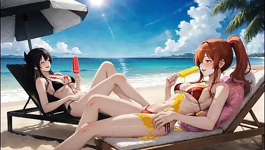 Yapay zekalı gotik güzellik kızıl saçlı güzellikle tanışıyor - plaj geçiti (buz popları yiyor)