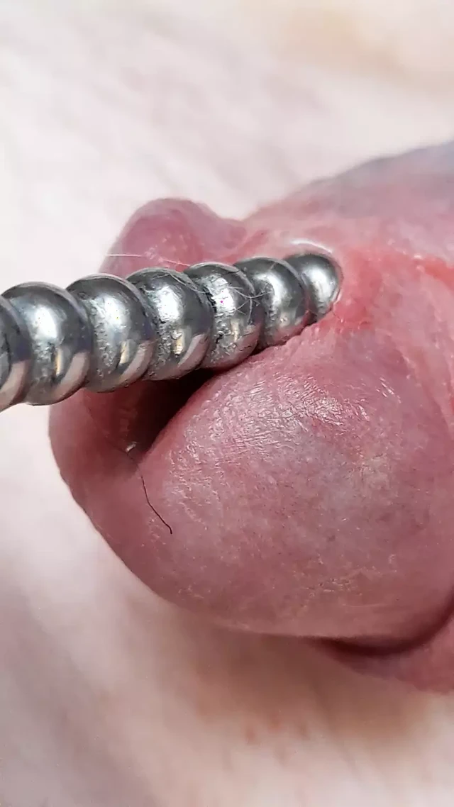 Penis tıkacına yakın çekim boşalma ile ses çıkarıyor