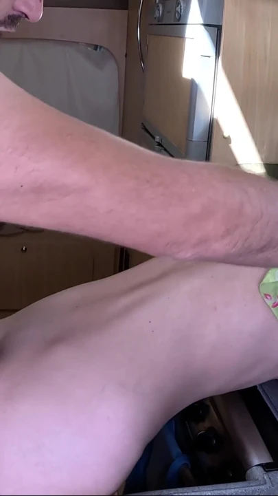 Horny wife washing dishes gets fucked hard from behind by her husband who cums inside her | Clip 1