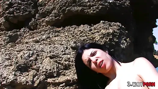 3 - Way porn - Petite brunette used by two nasty guy on the beach