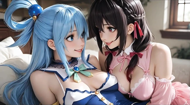 Konosuba soft show'dan sfw aqua ve yunyun lezbiyene dokunuyor ve öpüşüyor
