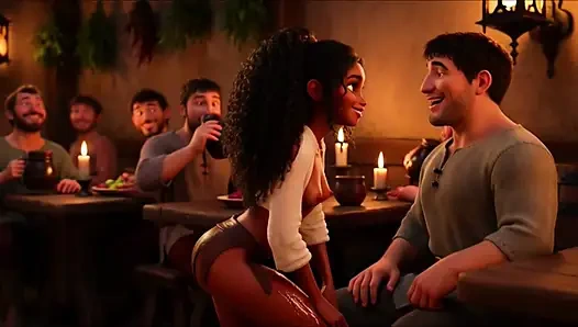 Ateşli şehvetli platin sarışın barmen neşeli patronlarla büyük memeli ortaçağ fantezi tavernasında flörtöz vahşi gece