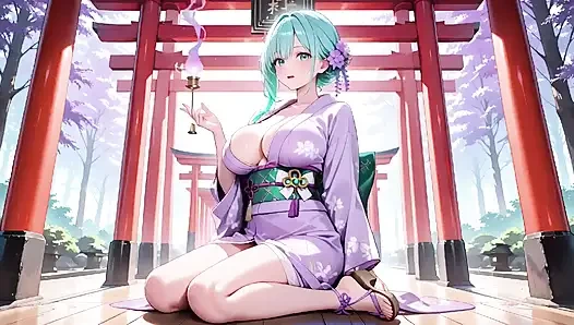 Yeşil saçlı kimono kızının özel sabahı! Mor yukata hafif nemli, Japon odasında yatakta diz çöküp yatıyor