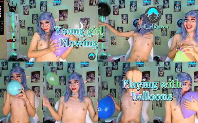 Genç kız balonlarla sakso çekiyor ve oynuyor