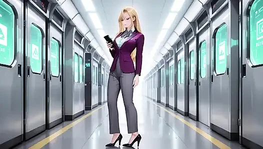 Blonde Boss in Purple Suit! Office Train Private Moments. She's Multitasking with Files While Secretly Adjusting Her Skirt...