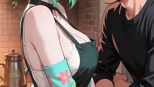 Turkuaz saçlı, büyük memeli anime garson bir müşteri tarafından sikiliyor - yapay zeka tarafından oluşturulan içerik