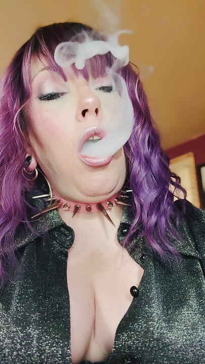 Purple Haired Smoking Goth Tina Snua Smokes Close Up - Coughing Smoke Drifts OMI OME Snap Inhales