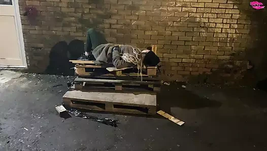 Homless woman poked in the face with a cock