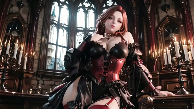 Gotik kızıl saçlı kraliçe! Mum ışığındaki salonda, altın bardak ve sheer çoraplarla diz çöken bir taç giyme töreni