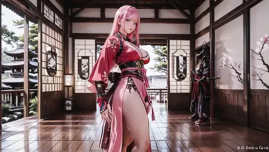 Pembe saçlı savaşçı tatami'nin üzerinde diz çöküyor, yüksek yarıklı kimono, kar yağışlı kalçalarını ortaya çıkarmak için kayıyor.