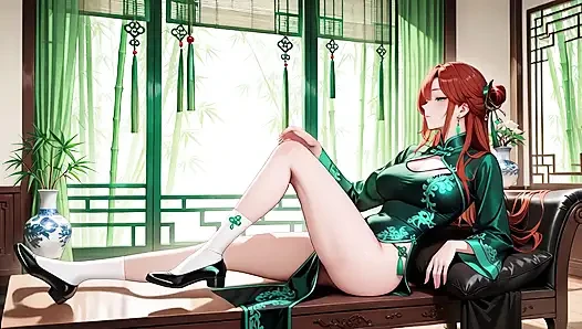 Kızıl saçlı ve zümrüt qipao! Doğu avlusunda tembel baştan çıkarma.