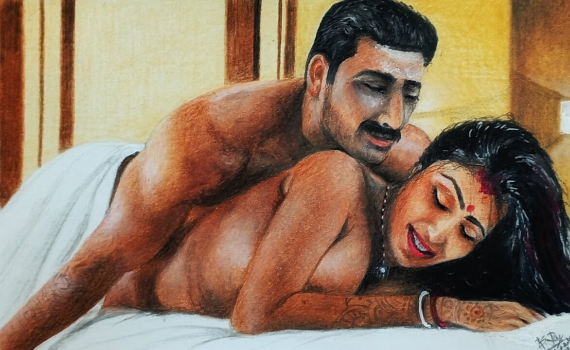 Seksi Bengalli Hintli kadının kocasıyla "ilk gece" seks yaptığı erotik sanat veya çizim