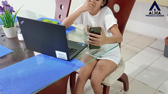 my stepsister is video calling with her boyfriend so I  in and we fuck so her boyfriend can watch us.