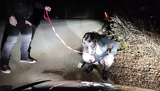 Köpek yakalı sidik fahişesi halka açık bir yolda trafiğin kesintiye uğraması nedeniyle ağzına altın duş ve ateşli döl alıyor