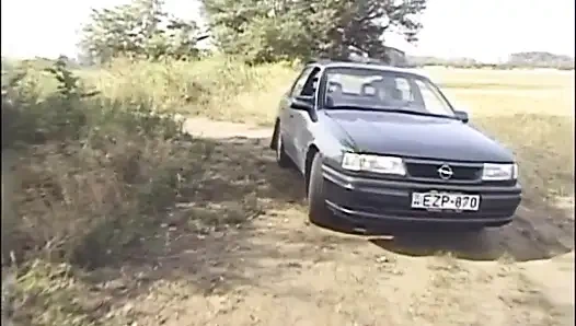 Sarışın orta yaşlı seksi kadın arabada parmaklıyor